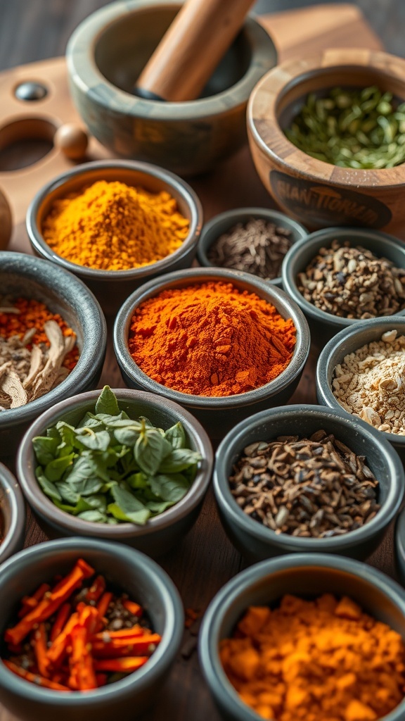 A variety of spices and herbs in bowls on a wooden cutting board with a mortar and pestle.